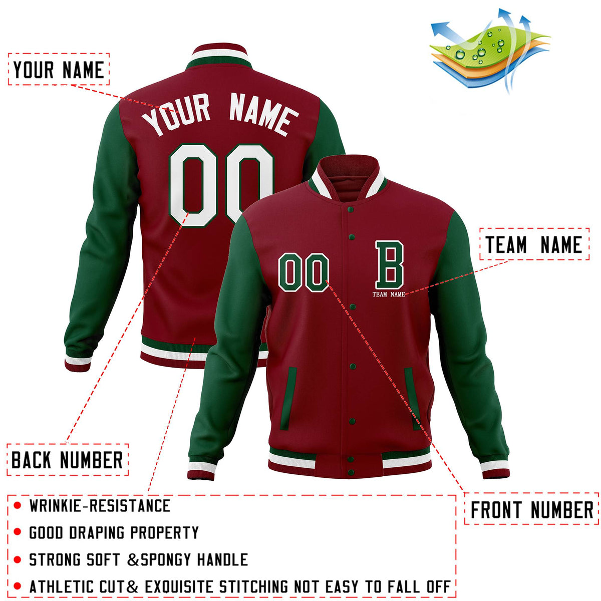 Custom Crimson Green Letterman Jacket Personalized Full-Snap Stitched Coats