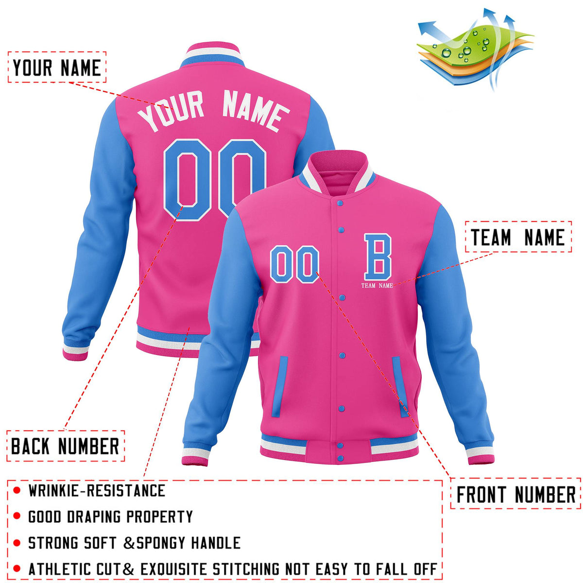 Custom Pink Powder Blue Letterman Jacket Personalized Full-Snap Stitched Coats
