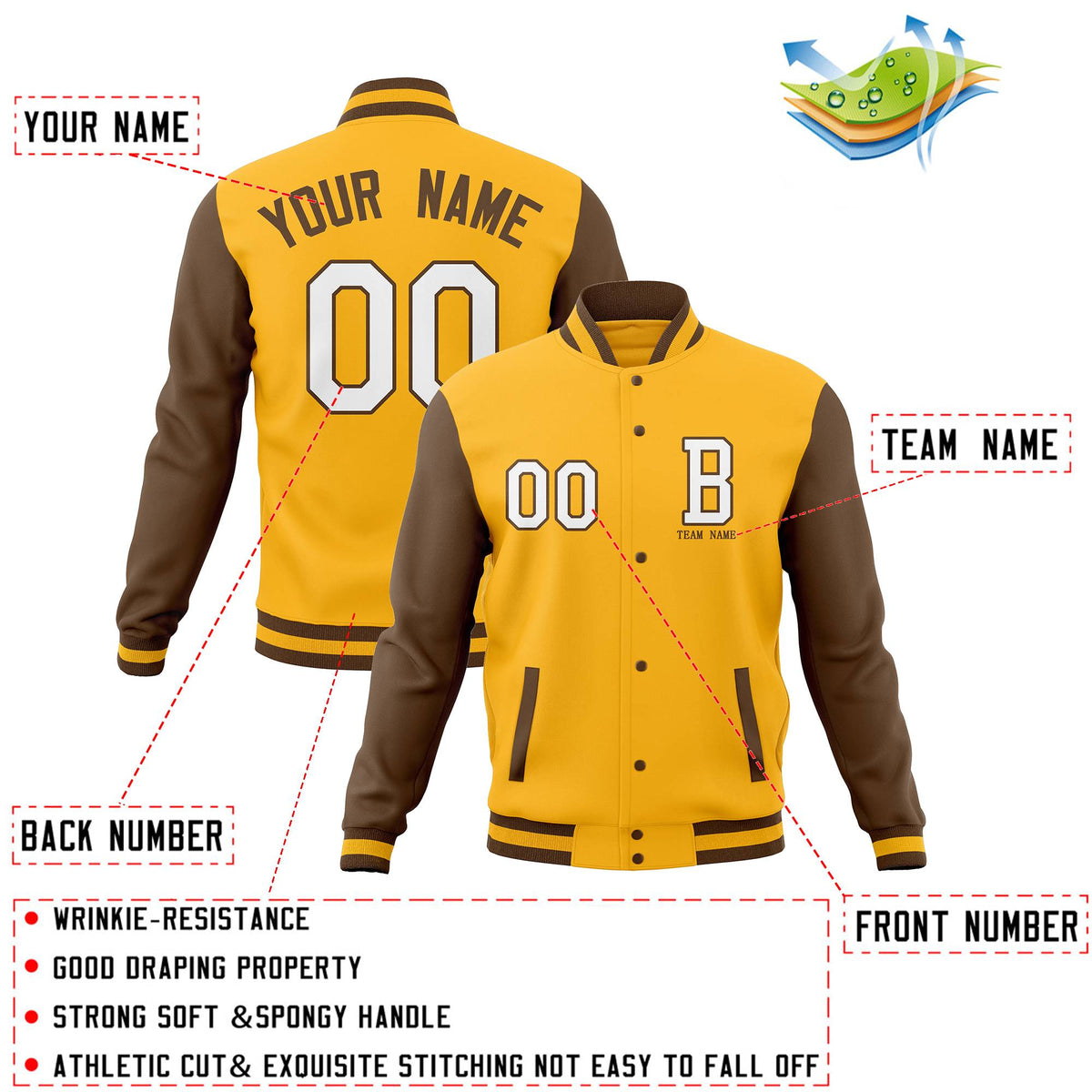 Custom Gold Brown Letterman Jacket Personalized Full-Snap Stitched Coats