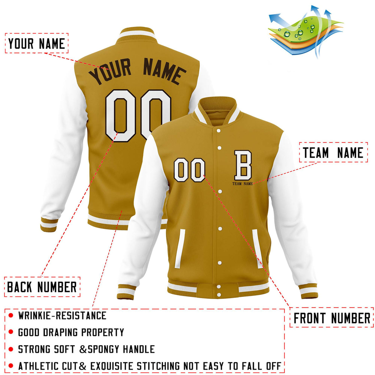 Custom Old Gold White Varsity Letterman Jacket Personalized Stitched Bomber Baseball Coat