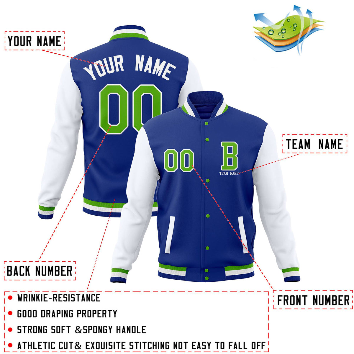 Custom Royal White Letterman Jacket Personalized Full-Snap Stitched Coats