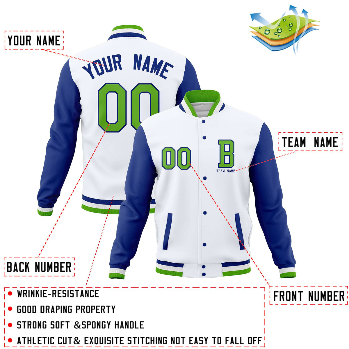Custom White Royal Letterman Jacket Personalized Full-Snap Stitched Coats