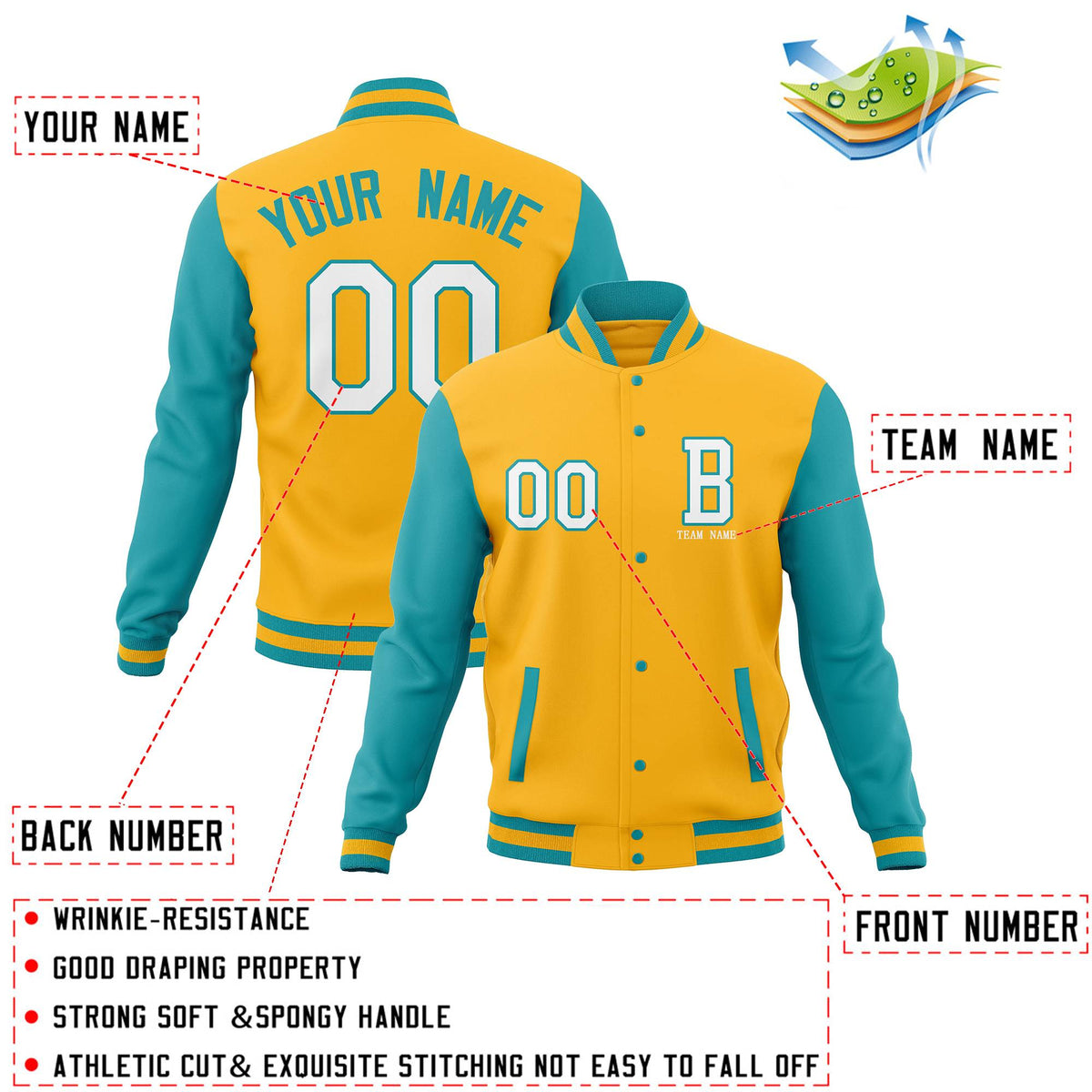 Custom Gold Aqua Personalized Stitched Varsity Jacket and Full-Snap Baseball Coats