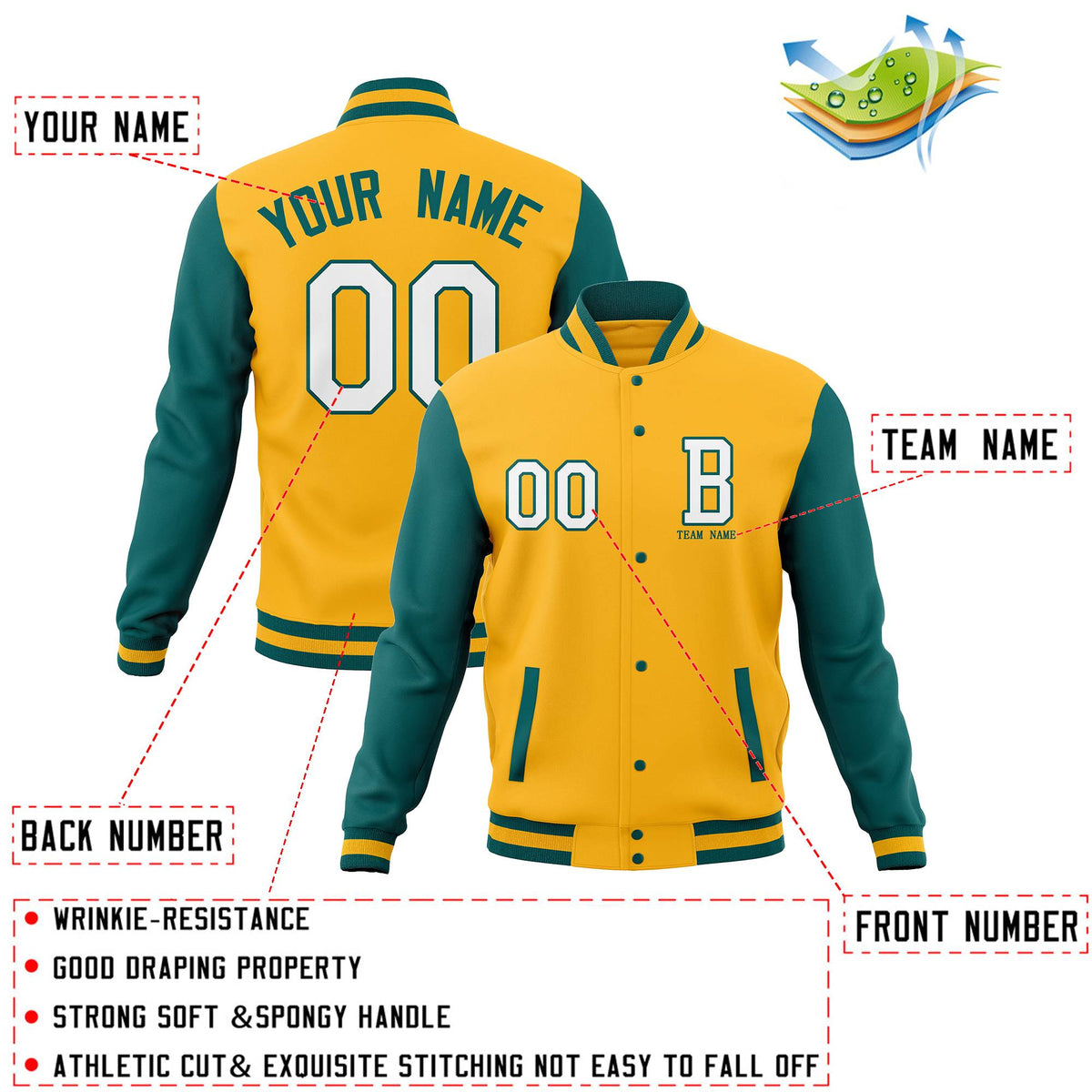 Custom Gold Midnight Green Full-Snap Baseball Coats,Crafted Varsity Letterman Jackets