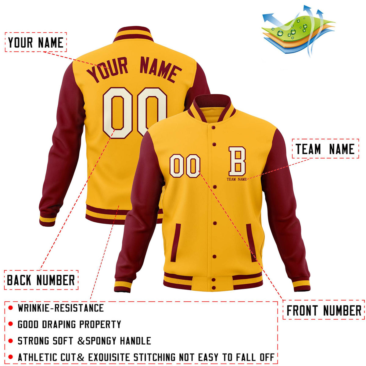 Custom Gold Crimson Full-Snap Baseball Coats,Crafted Varsity Letterman Jackets