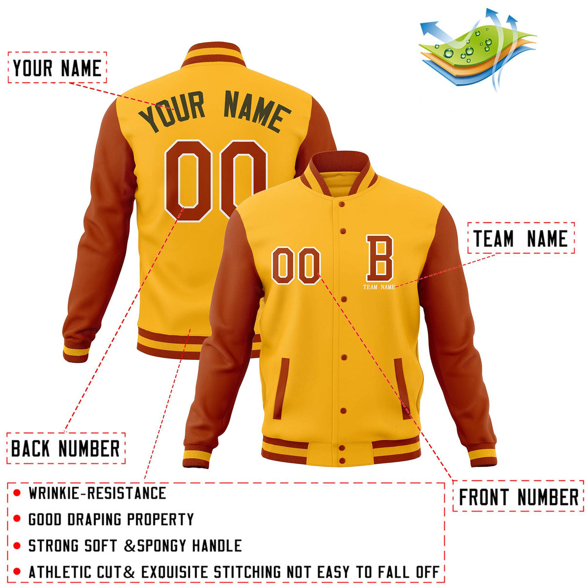 Custom Gold Orange Full-Snap Baseball Coats,Crafted Varsity Letterman Jackets