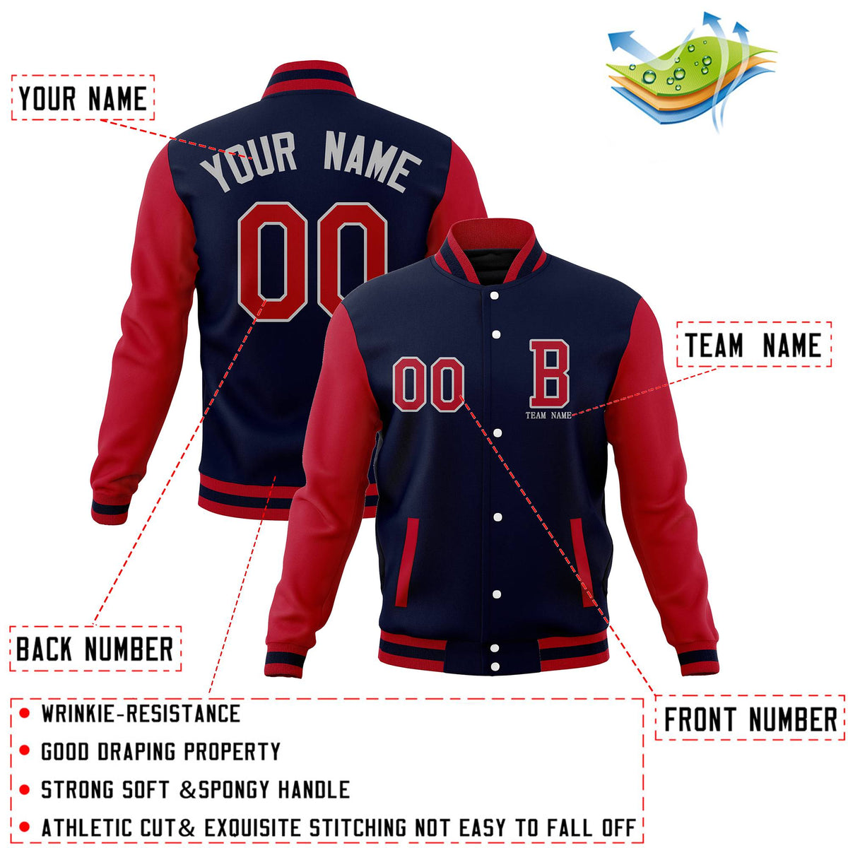 Custom Navy Red Letterman Jacket Personalized Full-Snap Stitched Coats