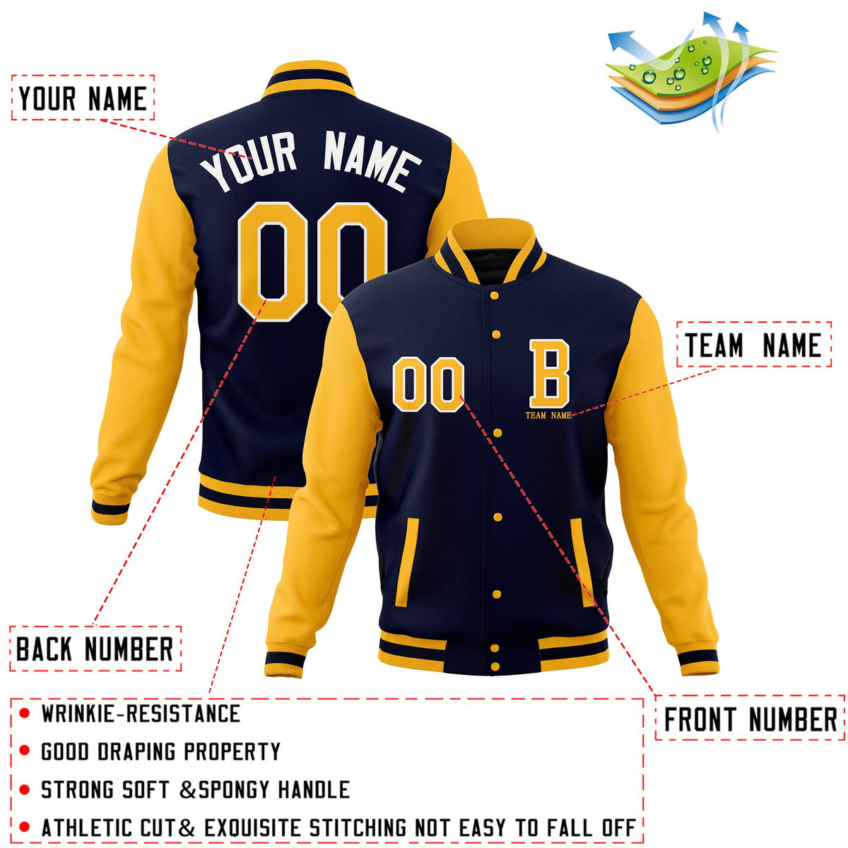 Custom Navy Gold Personalized Stitched Varsity Jacket and Full-Snap Baseball Coats