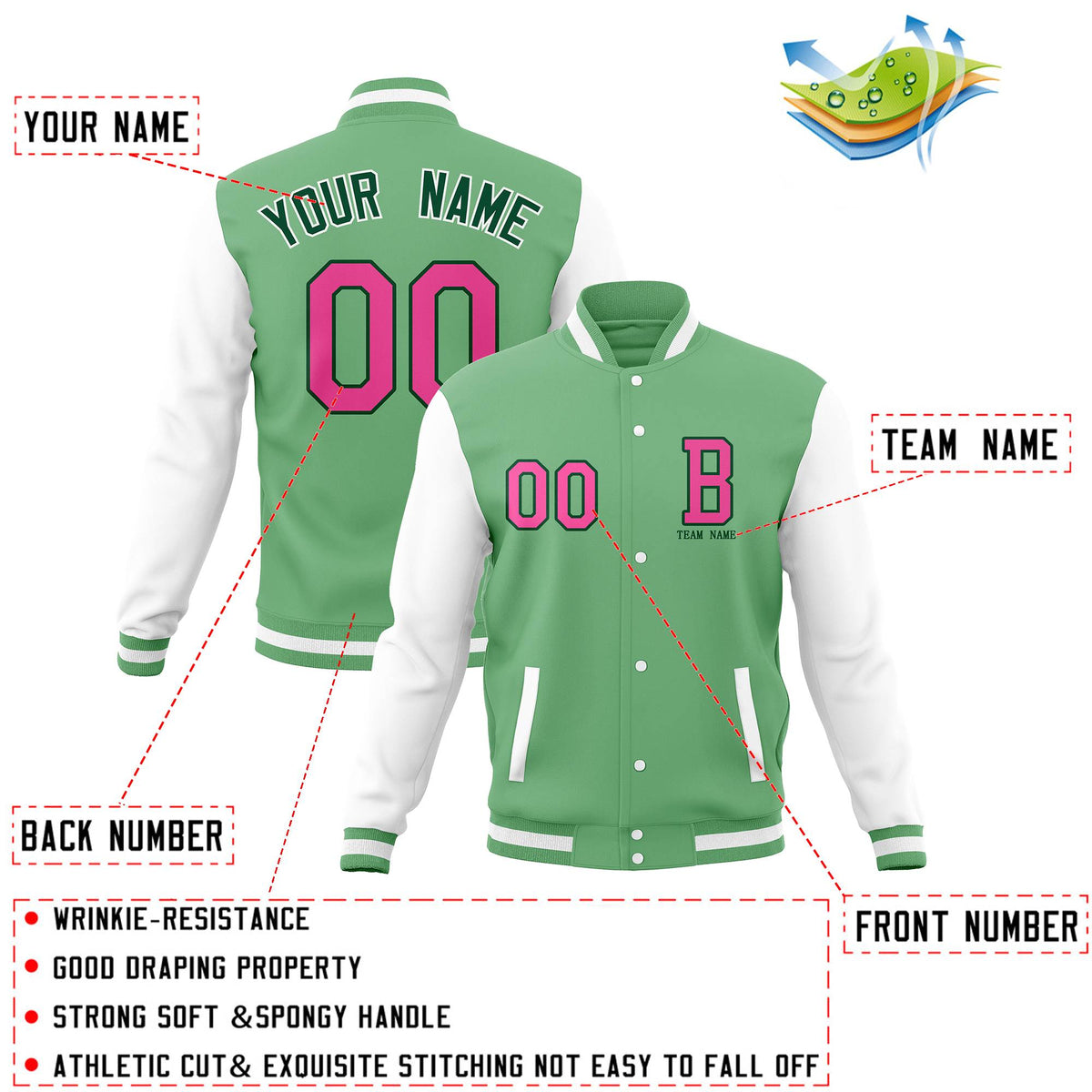 Custom Green White Personalized Stitched Varsity Jacket and Full-Snap Baseball Coats