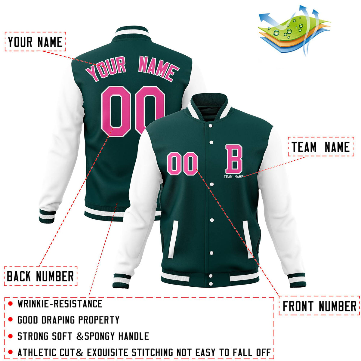 Custom Midnight Green White Full-Snap Baseball Coats,Crafted Varsity Letterman Jackets