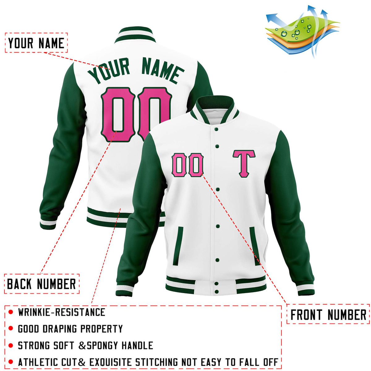 Custom White Green Man's Varsity Baseball Jacket Cotton Blend Letterman Coats