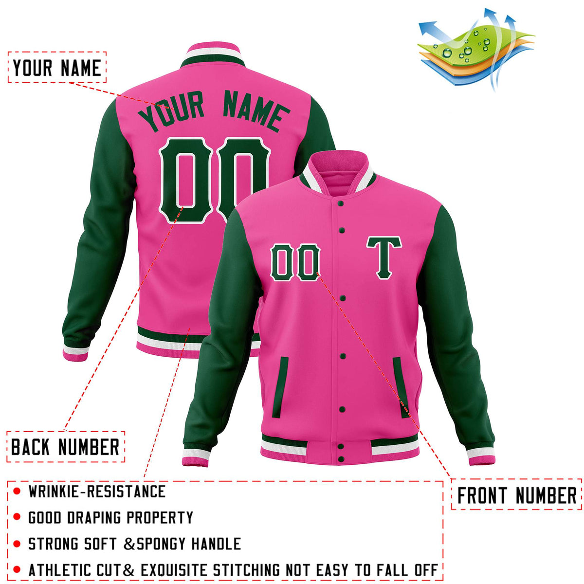 Custom Pink Green Man's Varsity Baseball Jacket Cotton Blend Letterman Coats