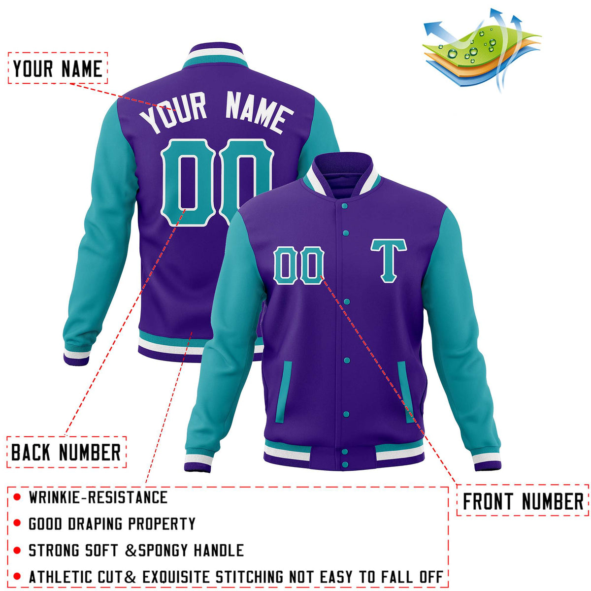 Custom Purple Aqua Men's Casual Baseball Coats Varsity Letterman Full-Snap Jackets