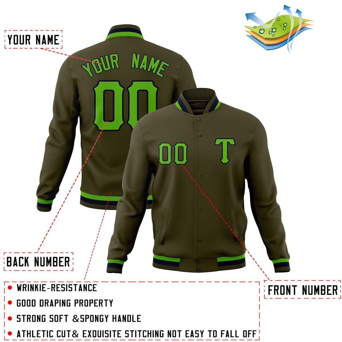 Custom Olive Green Men's Casual Baseball Coats Varsity Letterman Full-Snap Jackets