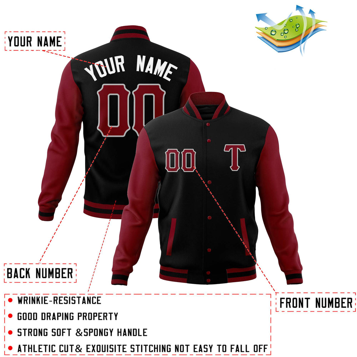 Custom Black Crimson Man's Varsity Baseball Jacket Cotton Blend Letterman Coats