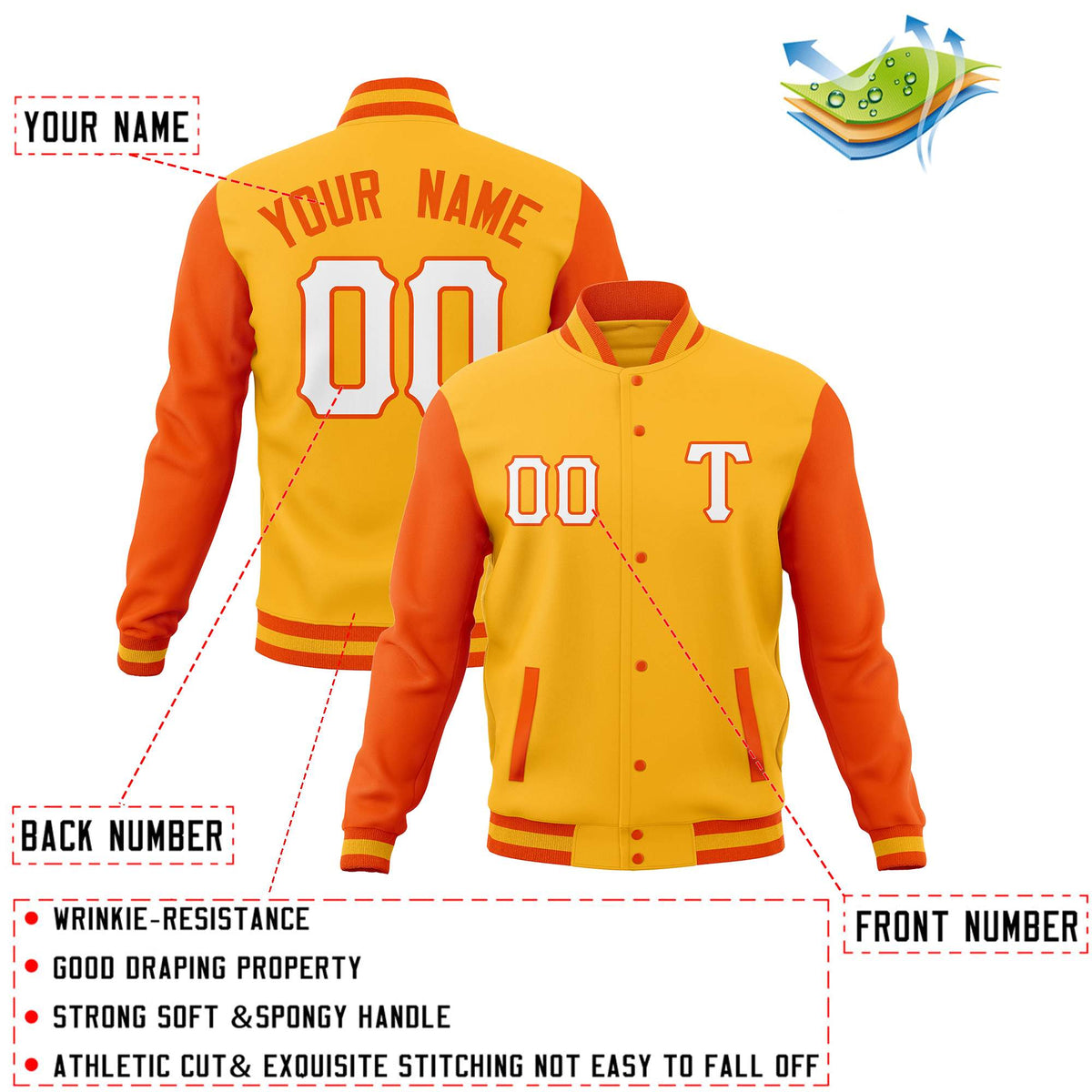 Custom Gold Orange Man's Varsity Baseball Jacket Cotton Blend Letterman Coats
