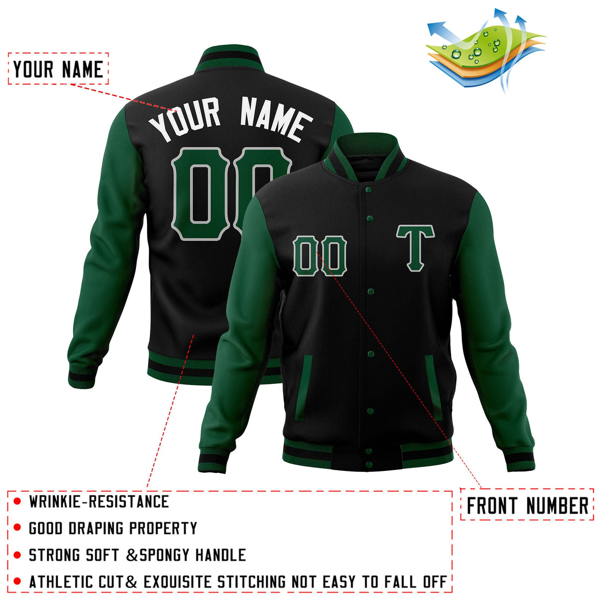 Custom Black Green Full-Snap Cotton Blend Baseball Jackets Varsity Letterman Coats