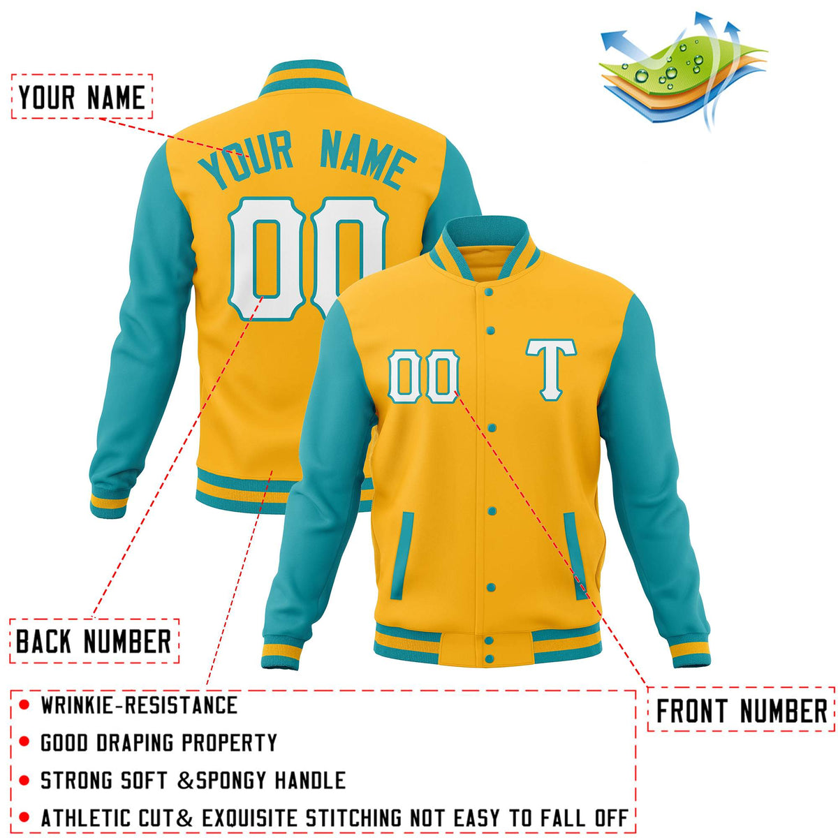 Custom Gold Aqua Men's Casual Baseball Coats Varsity Letterman Full-Snap Jackets