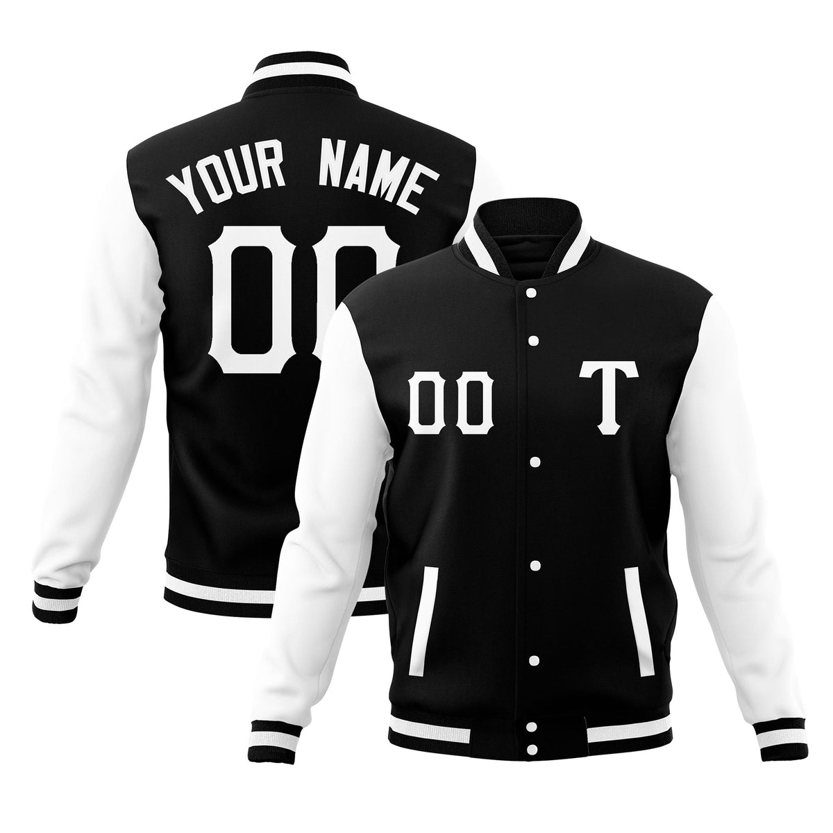 Custom Black White Cotton Blend Letterman Jacket Full-Snap Coats for Adults