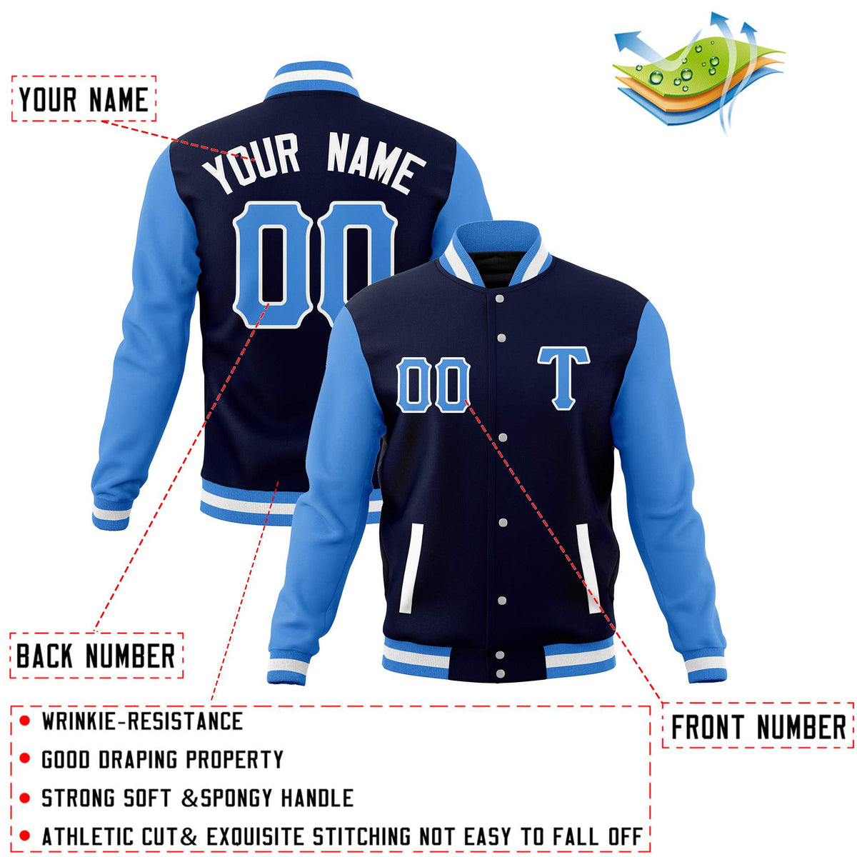 Custom Navy Powder Blue Man's Varsity Baseball Jacket Cotton Blend Letterman Coats