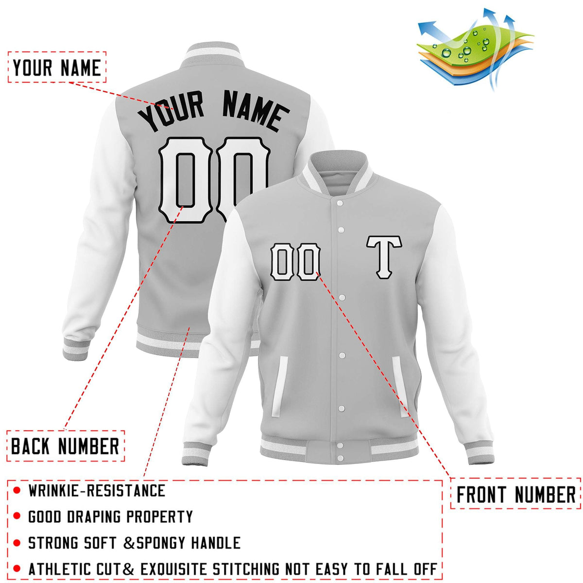 Custom Gray White Men's Casual Baseball Coats Varsity Letterman Full-Snap Jackets