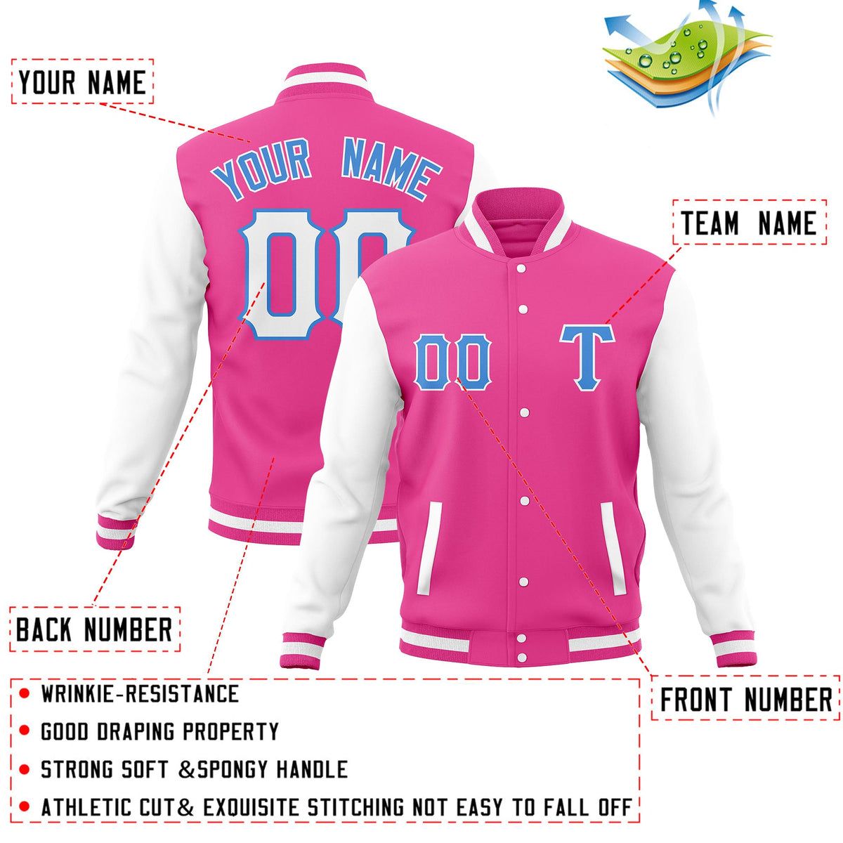 Custom Pink White Cotton Blend Baseball Jackets Varsity Letterman Full-Snap Coats for Adults
