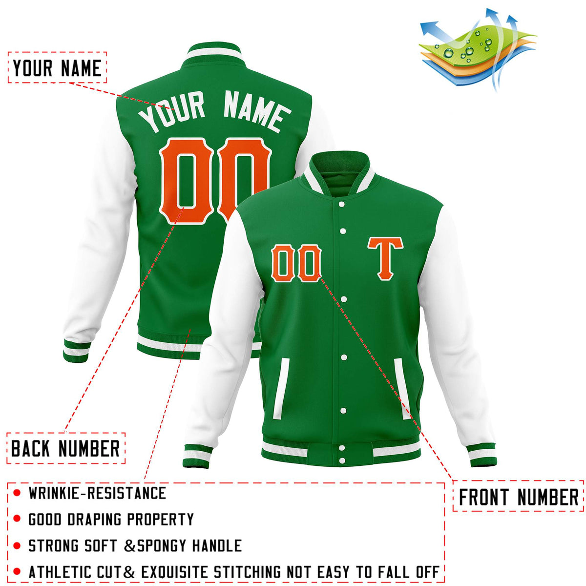 Custom Kelly Green White Full-Snap Casual Baseball Coats Varsity Letterman Jackets