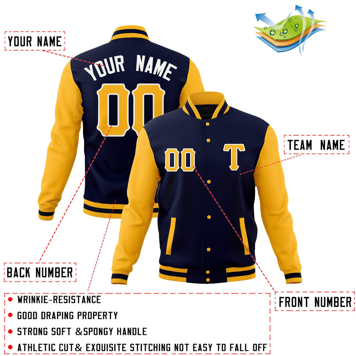 Custom Navy Gold Men's Casual Baseball Coats Varsity Letterman Full-Snap Jackets
