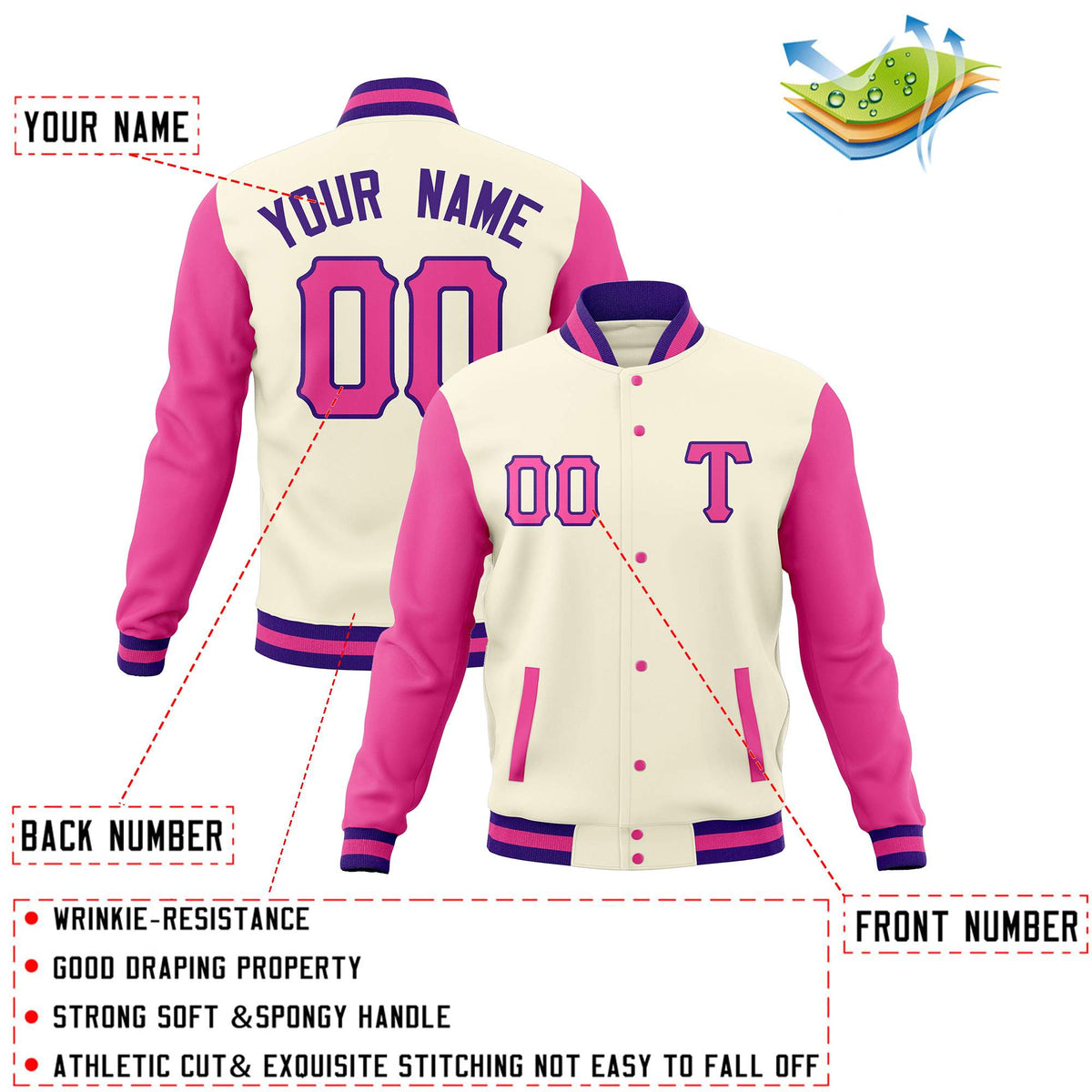 Custom Cream Pink Casual Baseball Jackets Varsity Letterman Full-Snap Coats for Adults