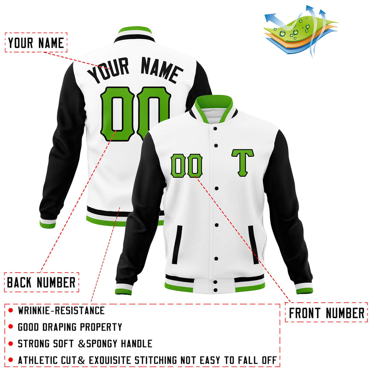 Custom White Black Men's Casual Baseball Coats Varsity Letterman Full-Snap Jackets