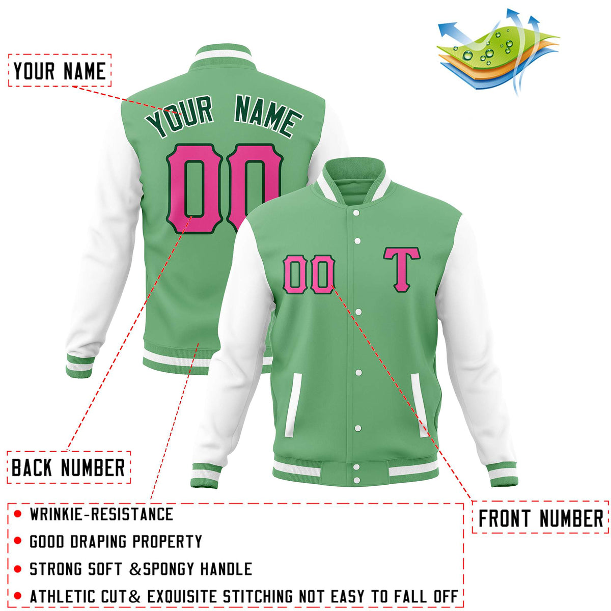 Custom Green White Men's Casual Baseball Coats Varsity Letterman Full-Snap Jackets