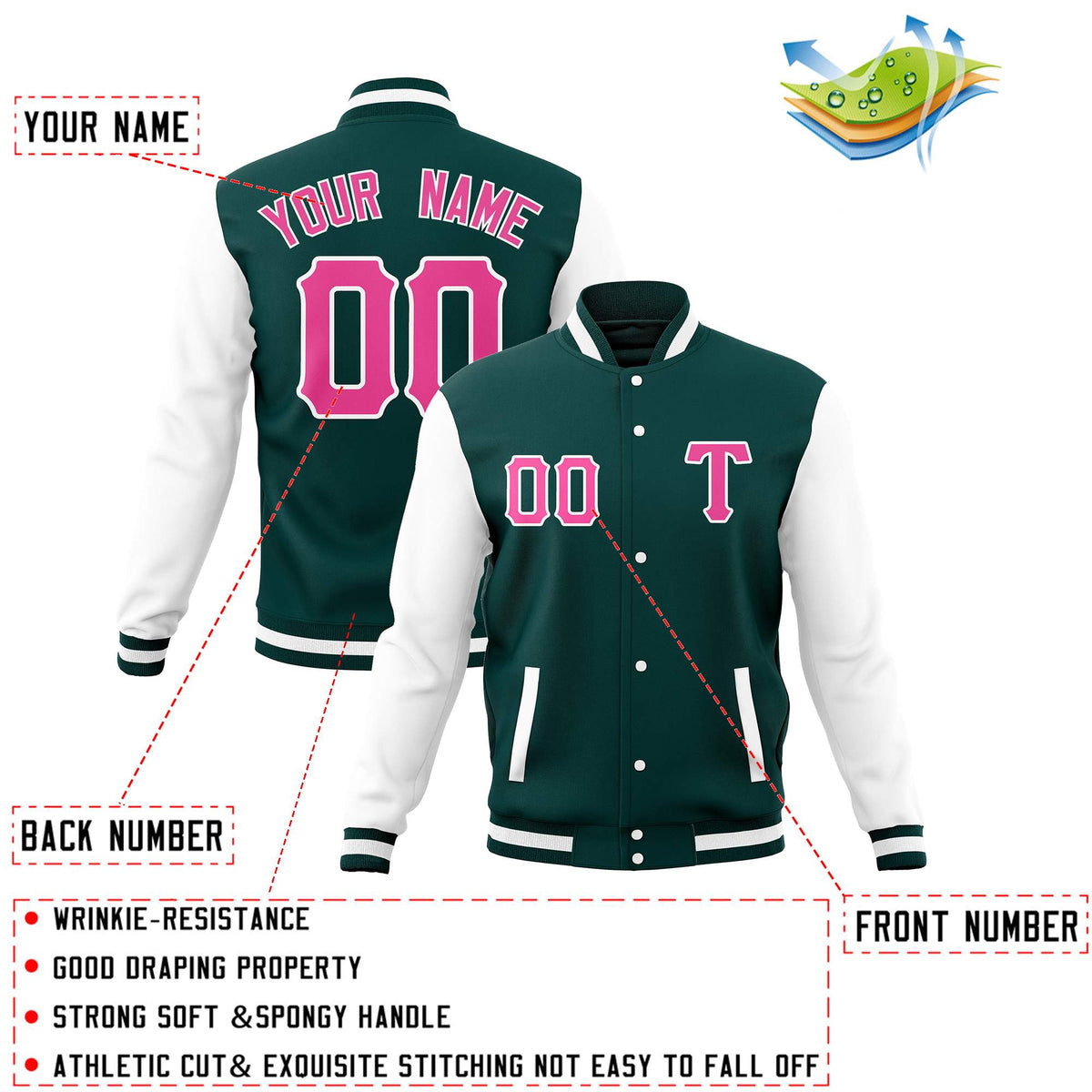 Custom Midnight Green White Full-Snap Casual Baseball Coats Varsity Letterman Jackets