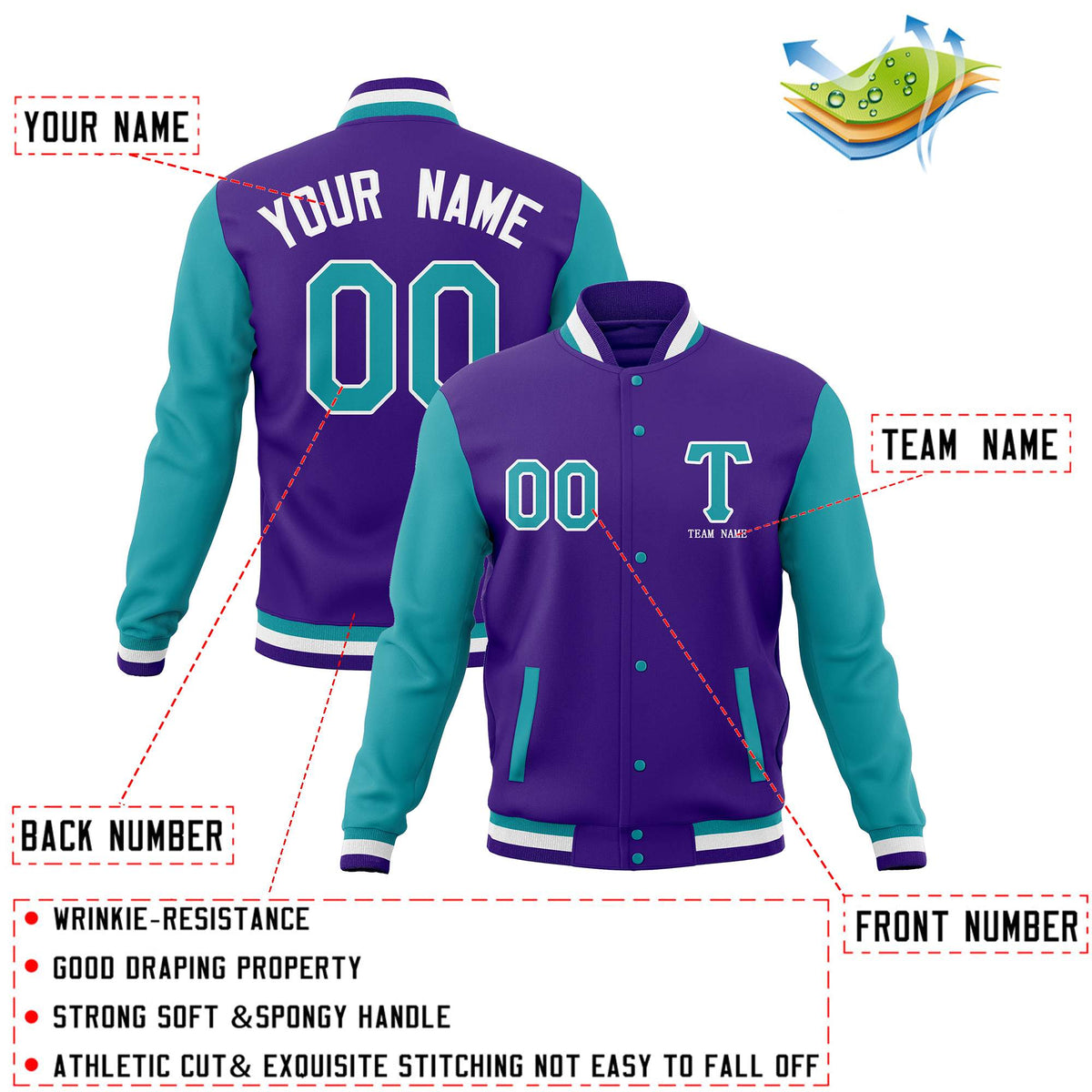 Custom Purple Aqua Letterman Varsity Jacket Stitched Full-Snap Baseball Coats