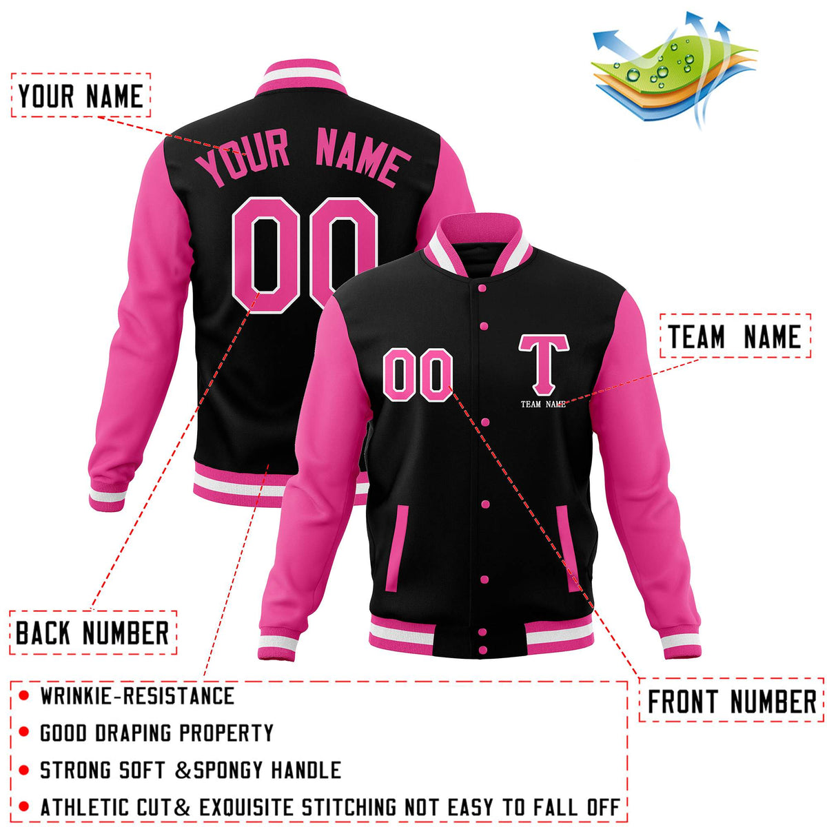 Personalized Black Pink Letterman Jacket Stitched Full-Snap Coats for Adults