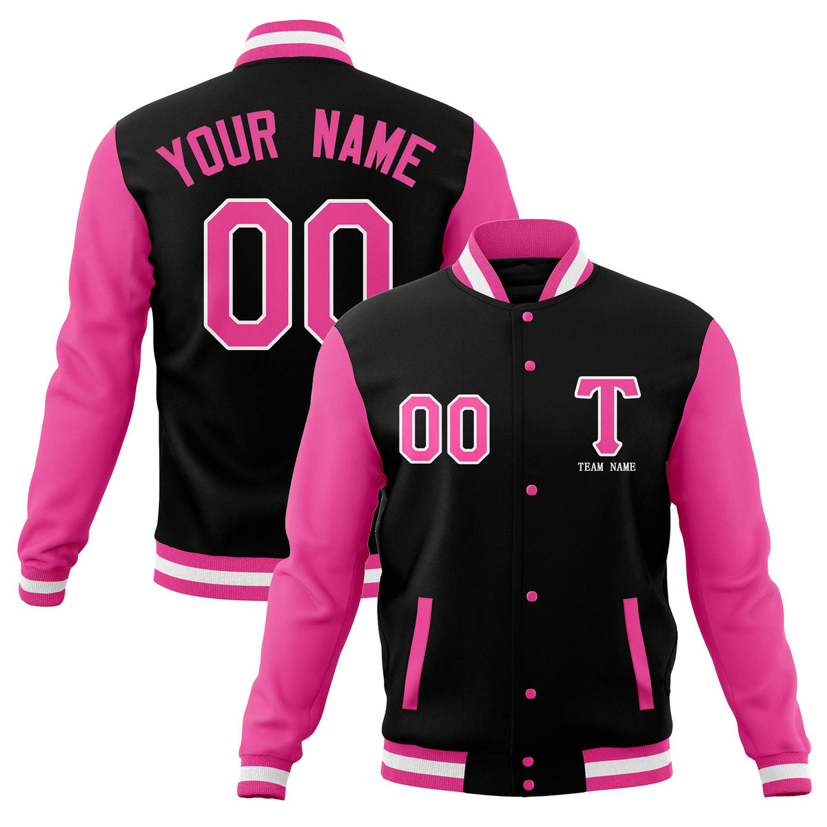 Personalized Black Pink Letterman Jacket Stitched Full-Snap Coats for Adults