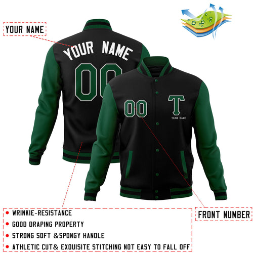 Custom Black Green Personalized Letterman Varsity  Baseball Jacket Stitched Name Number
