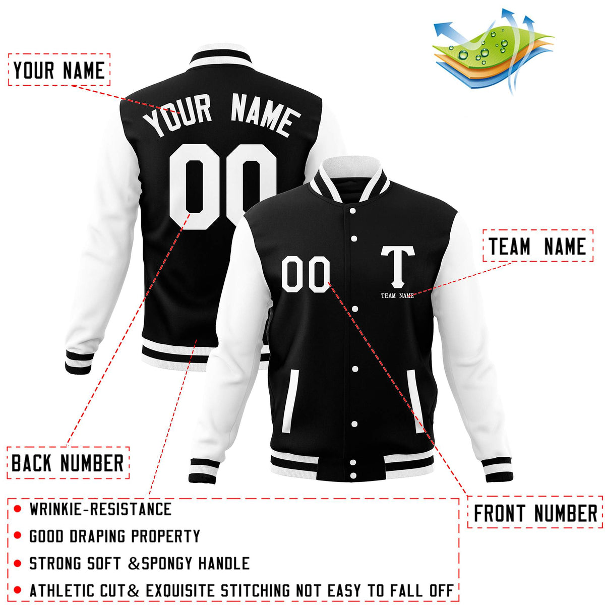 Custom Black White Full-Snap Letterman Varsity Baseball Jacket Stitched Name Number
