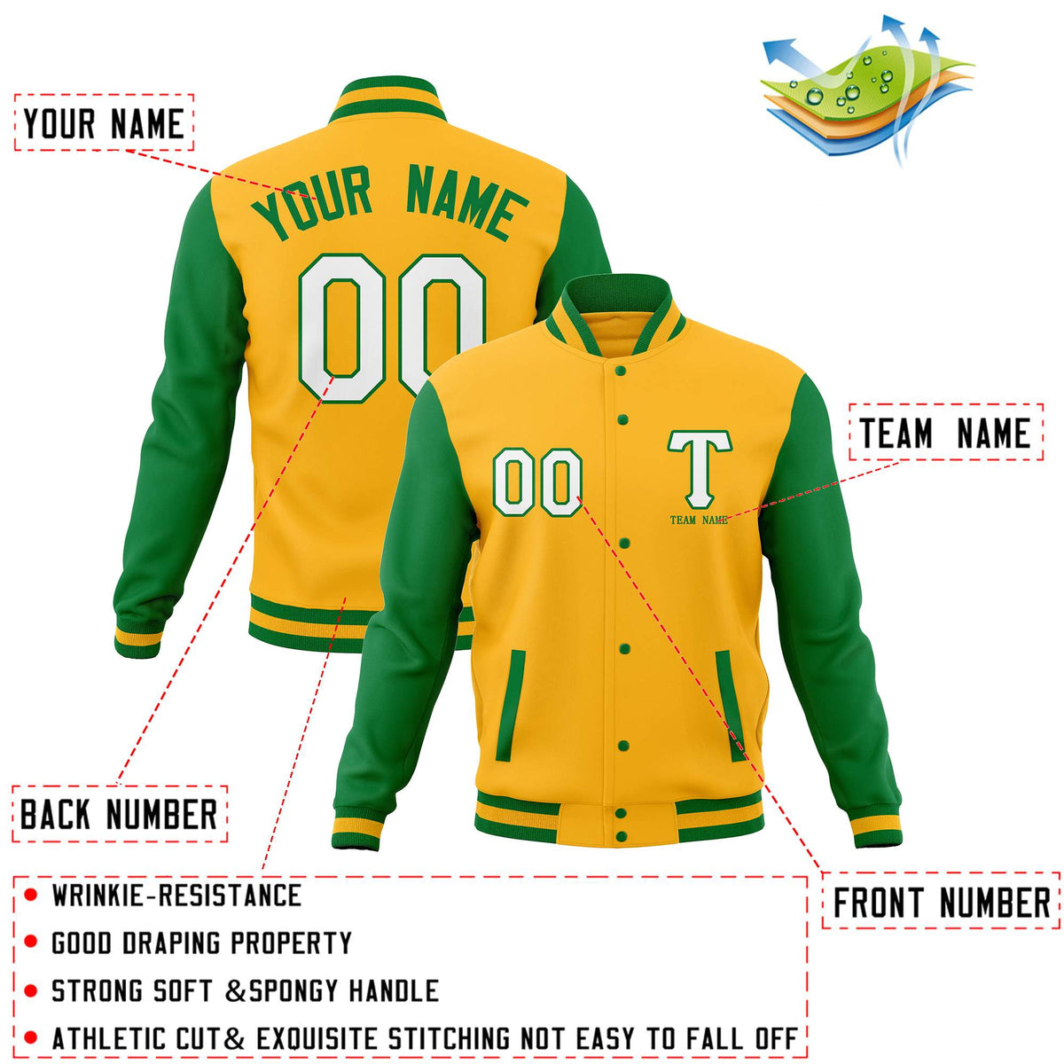 Custom Gold Kelly Green Full-Snap Baseball Coats Stitched Letterman Varsity Jacket