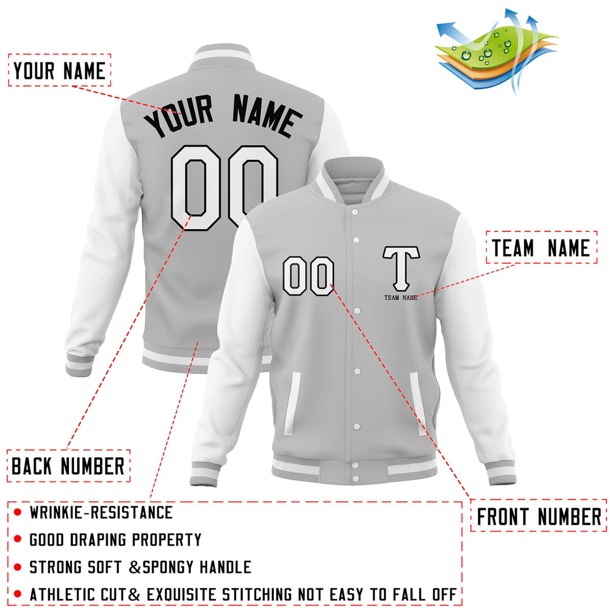 Custom Gray White Letterman Varsity Jacket Stitched Full-Snap Baseball Coats