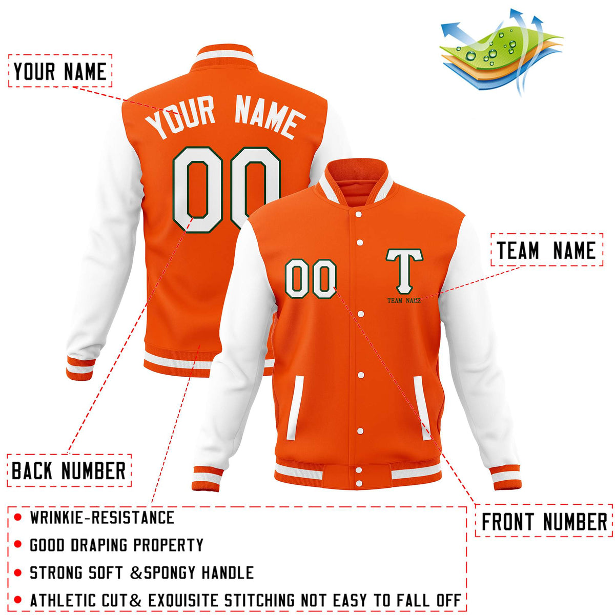 Custom Orange White Letterman Varsity Baseball Full-Snap Jacket Stitched Name Number