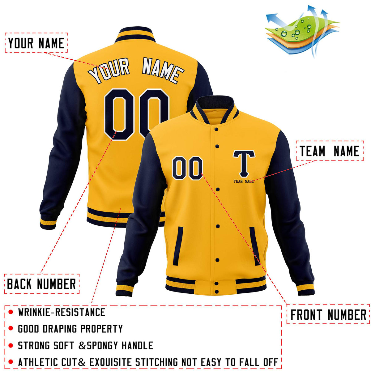 Custom Gold Black Letterman Varsity Jacket Stitched Full-Snap Baseball Coats