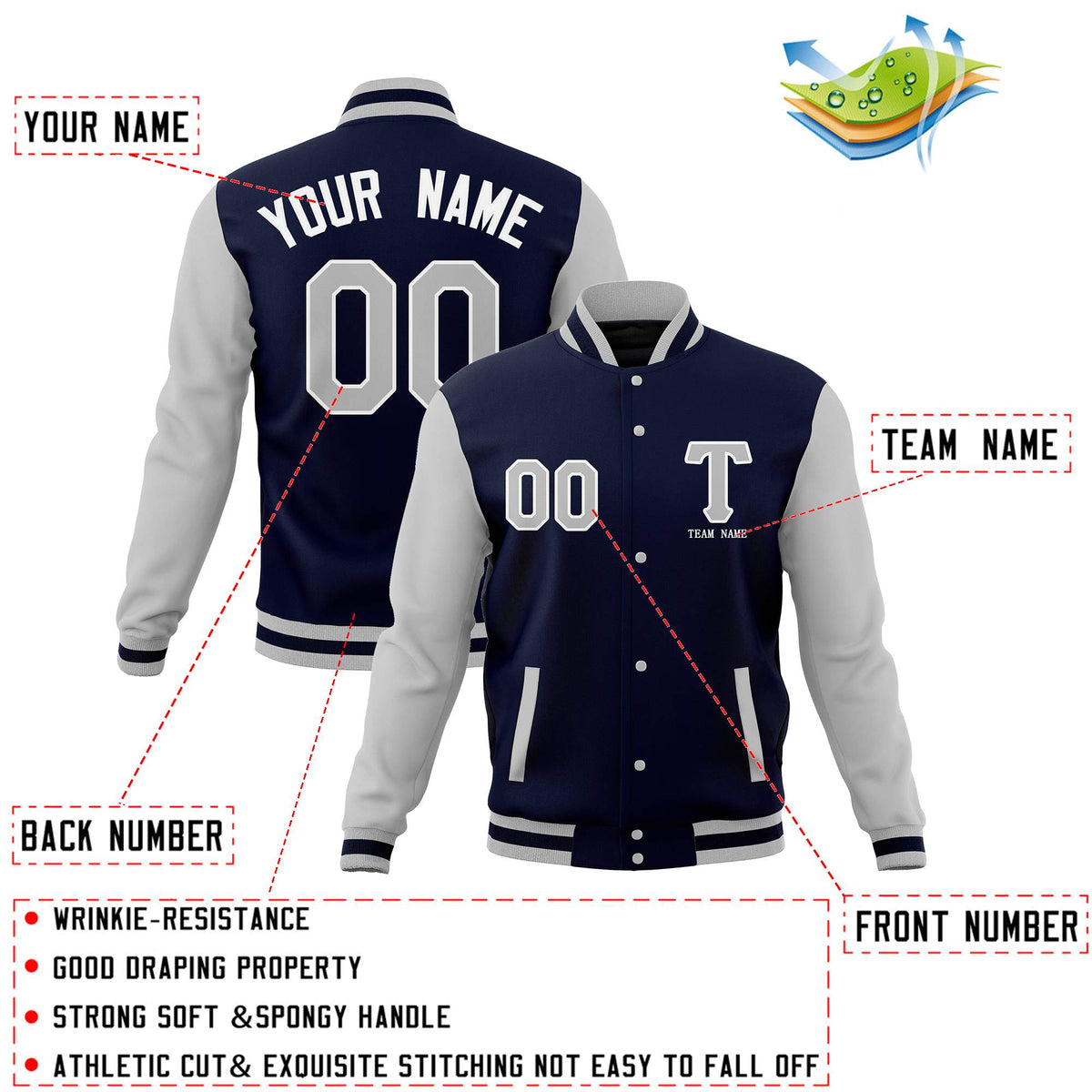 Custom Navy Gray Letterman Jacket Stitched Name Number & Logo Pro-Level Quality