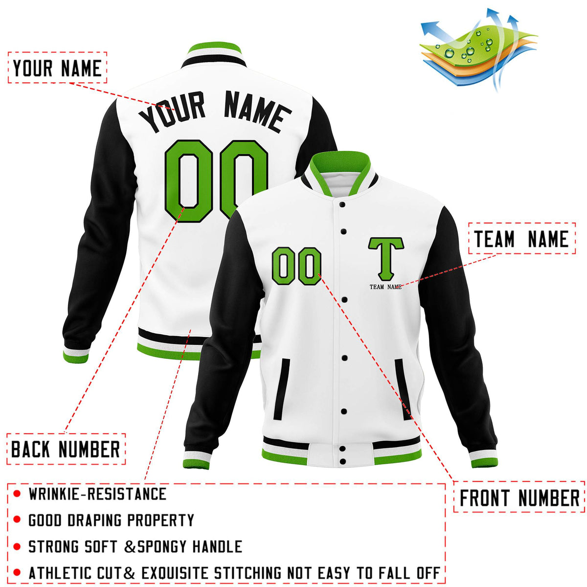 Custom White Black Letterman Varsity Jacket Stitched Full-Snap Baseball Coats