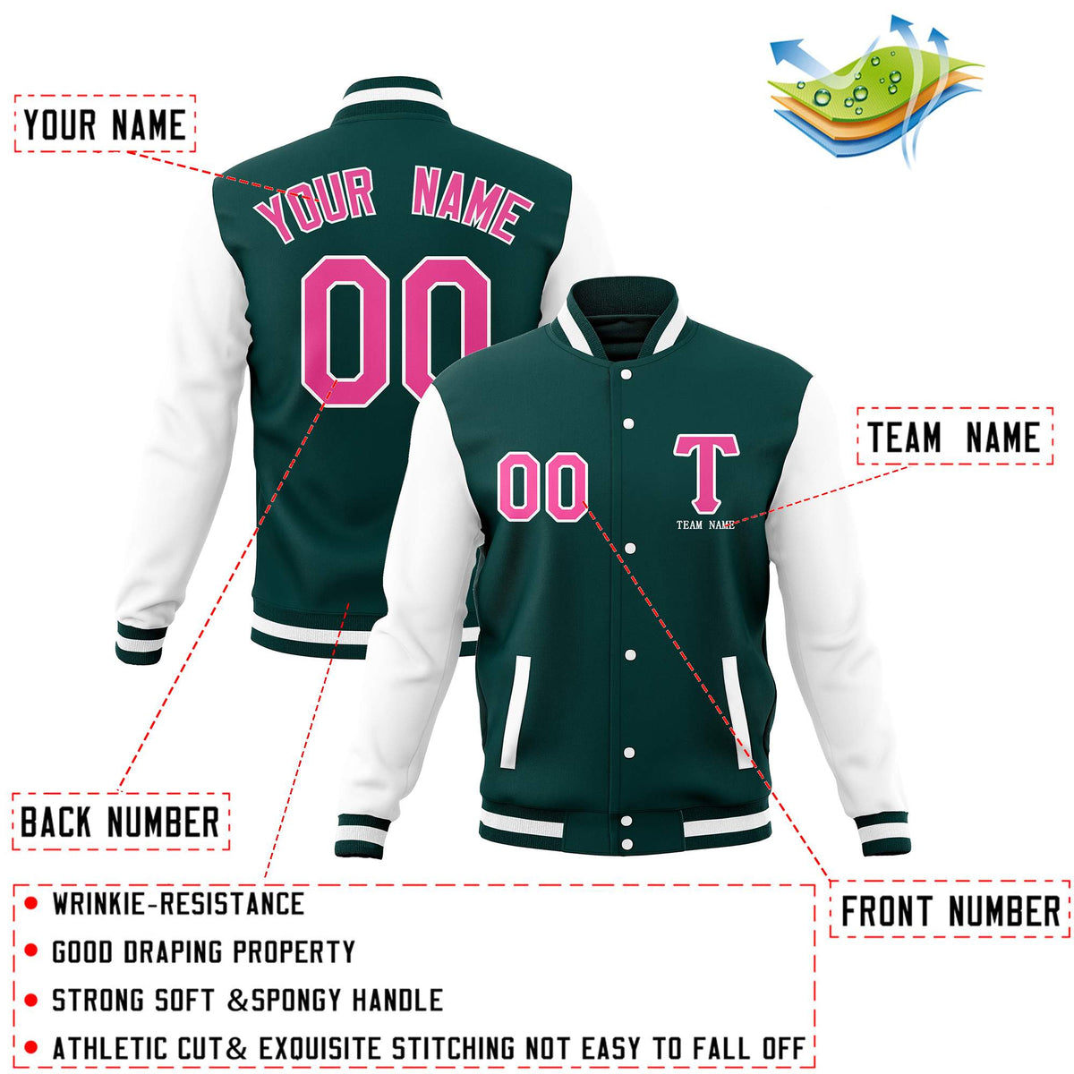 Custom Midnight Green White Letterman Varsity Baseball Full-Snap Jacket Stitched Name Number