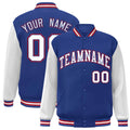 Personalized Royal Blue & White & Red Color Block Satin Full-Snap Varsity Jacket - front view
