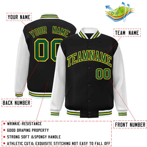 Custom Black Green-Gold Varsity Jacket Classic Style Full-Snap Letterman Jacket