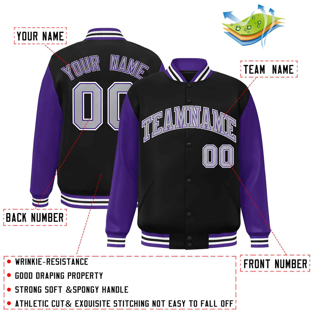 Custom Black Gray-Purple Varsity Jacket Classic Style Full-Snap Letterman Jacket