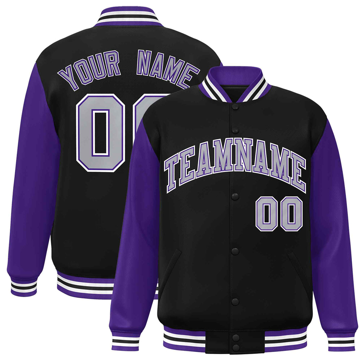 Custom Black Gray-Purple Varsity Jacket Classic Style Full-Snap Letterman Jacket