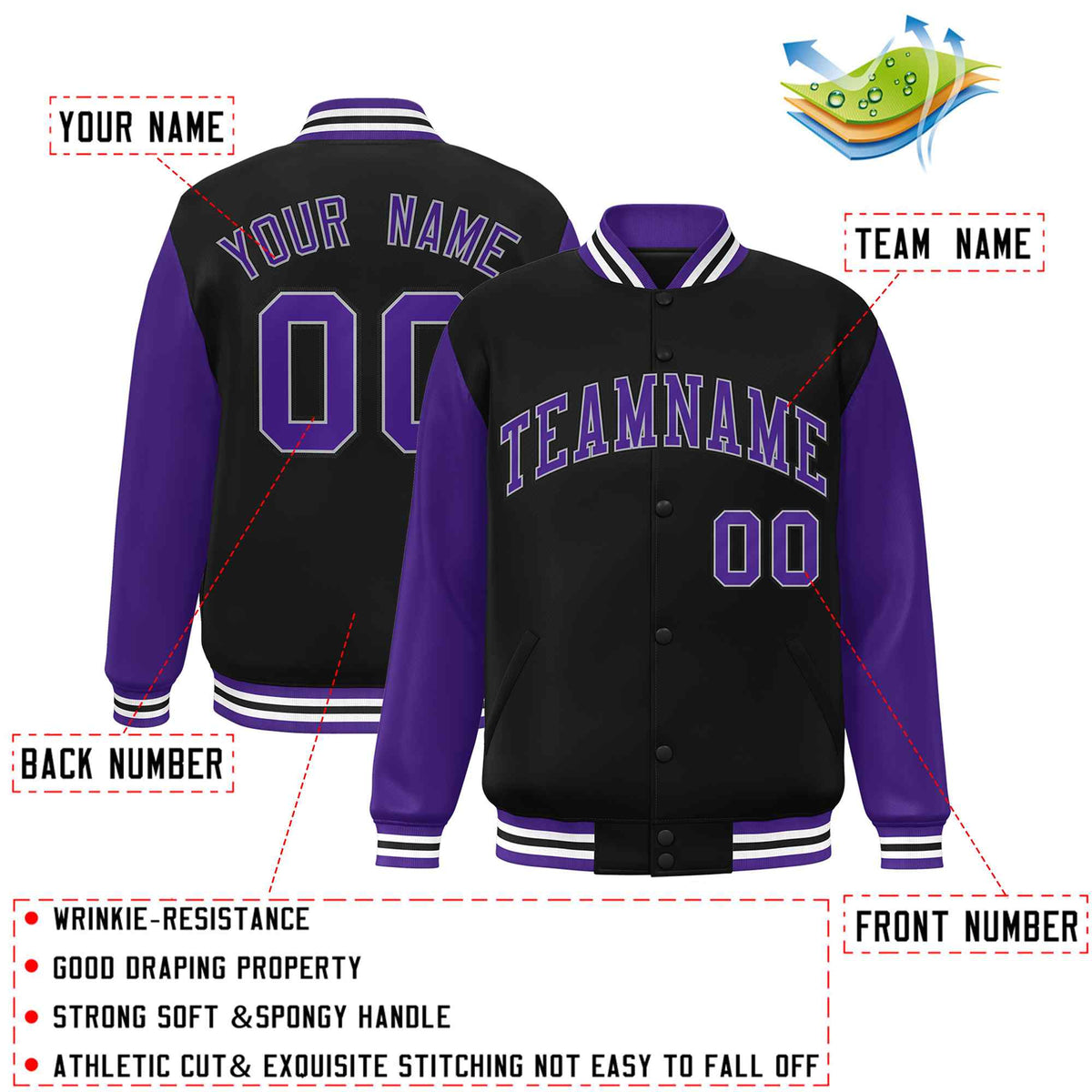 Custom Black Purple-White Varsity Jacket Classic Style Full-Snap Letterman Jacket