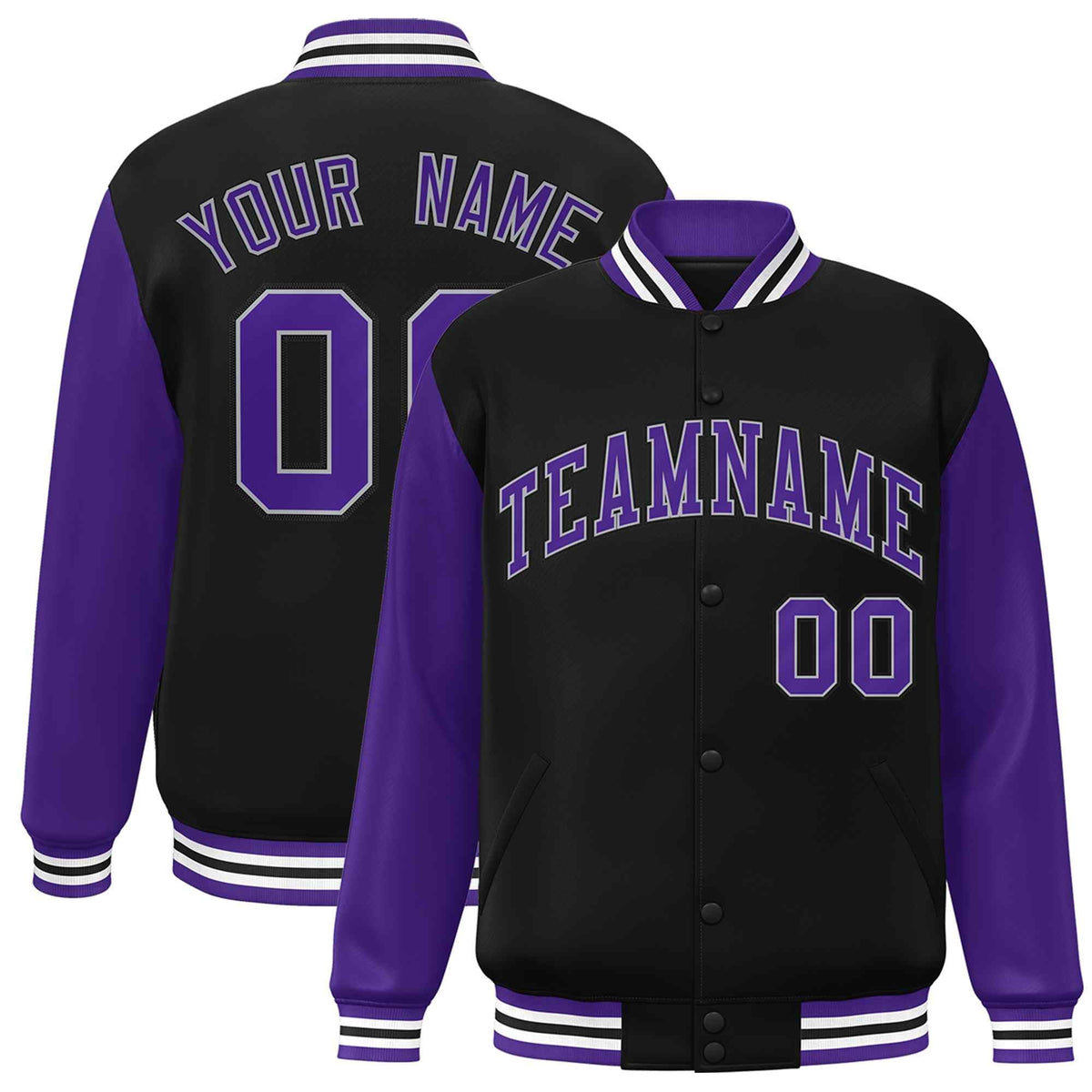 Custom Black Purple-White Varsity Jacket Classic Style Full-Snap Letterman Jacket